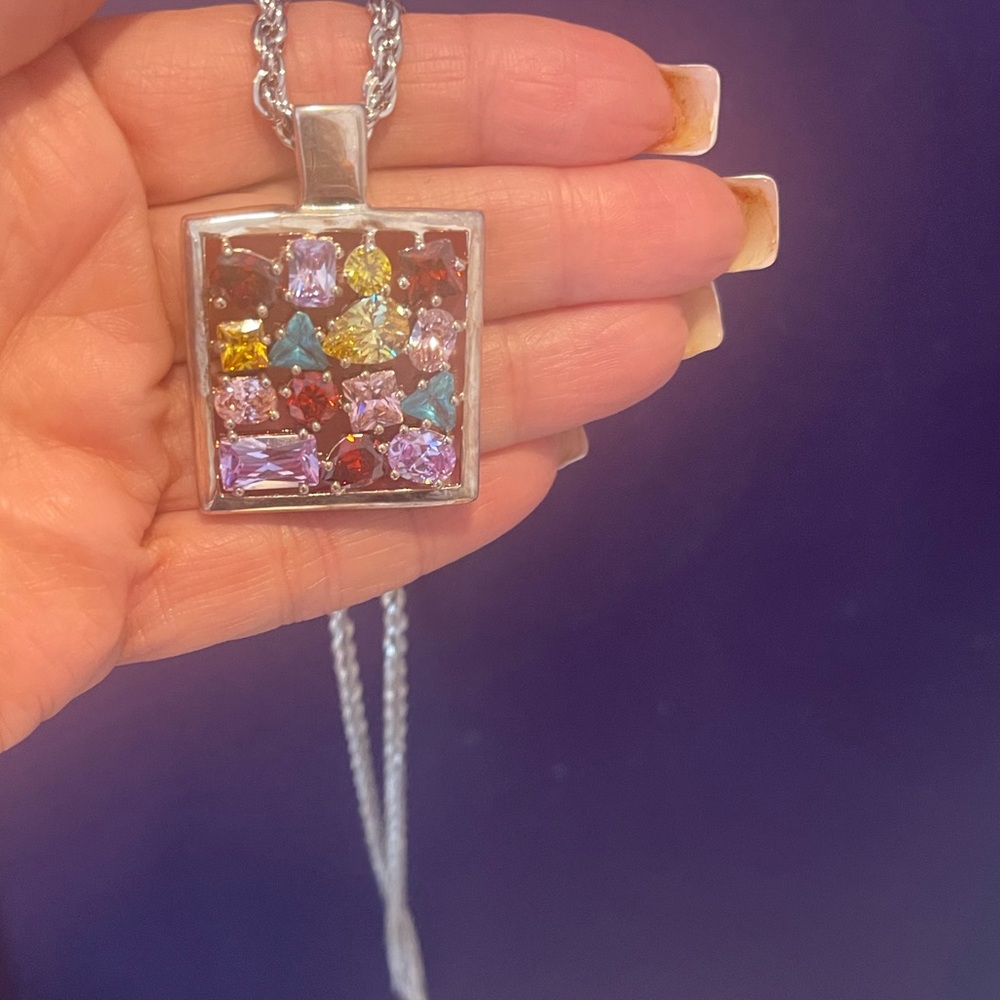 Beautiful Multicolored, Gemstone Square Pendant W… - image 1